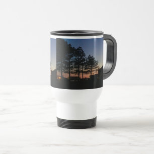 Travel mug with beautiful sunset photo with pines