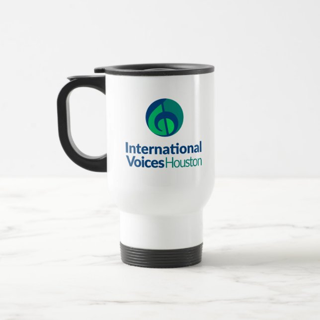 Travel Mug with IVH Logo and Mission (Left)