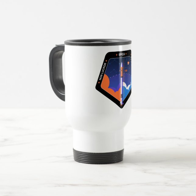 Travel mug with Spica Mission Patch (Front Left)