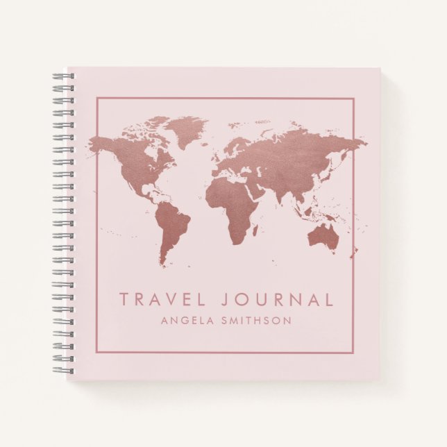 Travel Notebook Journal Rose Gold Pink World Map (Front)
