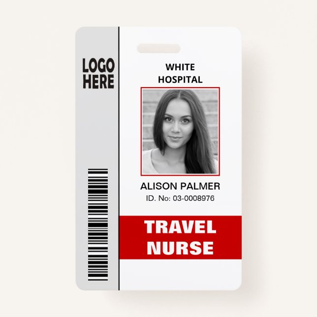 Travel nurse logo photo ID template red ID Badge (Front)