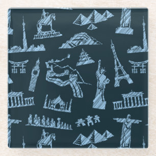 Travel Pattern In Blues Pattern Glass Coaster