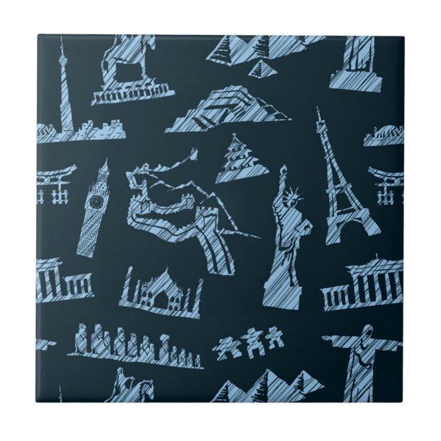Travel Pattern In Blues Pattern Tile (Front)