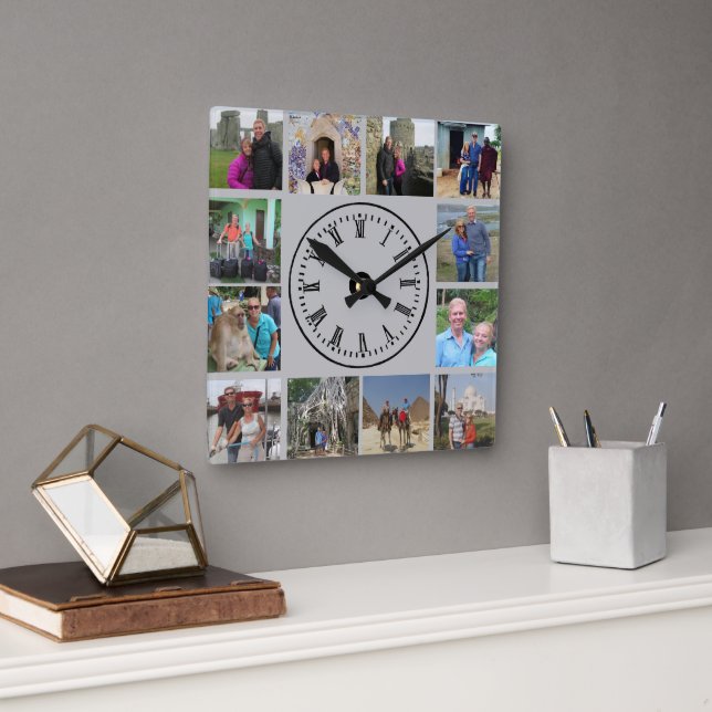 Travel Photo Collage Grey Background Square Wall Clock (Office)