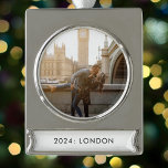 Travel Photo Yearly Silver Plated Banner Ornament<br><div class="desc">Capture your annual adventures with our sleek and modern Christmas or holiday ornament, available in gold or silver. This personalised ornament features a circle photo and a banner-style text below it, perfect for entering the year and location of your yearly vacation destination. Designed for avid travelers, it allows you to...</div>