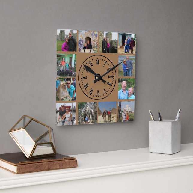 Travel Photos Collage Brown  Square Wall Clock (Office)