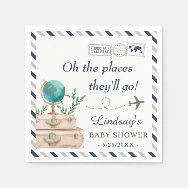 Travel Places They'll Go Twin Boys Baby Shower Napkin (Front)