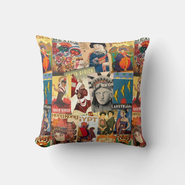 Travel poster collage for travellers cushion (Front)