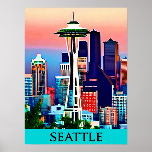 Travel Poster of Seattle under a Dawn Sky Print (Front)
