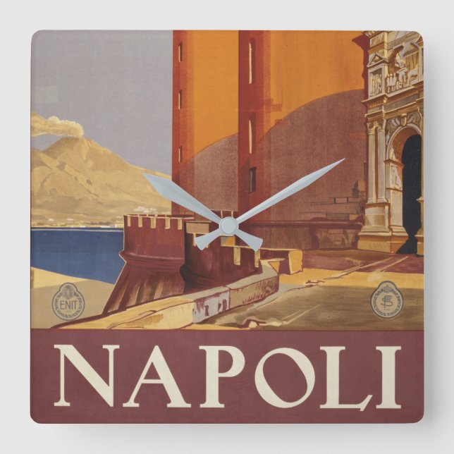 Travel Poster Of Vesuvius And The Bay Of Naples Square Wall Clock (Front)