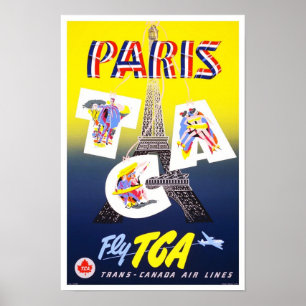 Travel Poster Vintage Paris France Airlines