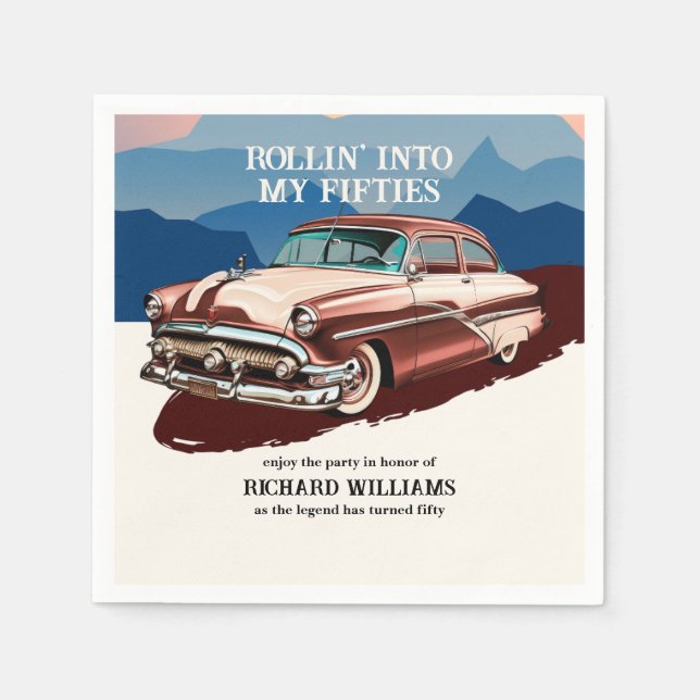 Travel Retro Classic Car Theme 50th Birthday Napkin (Front)