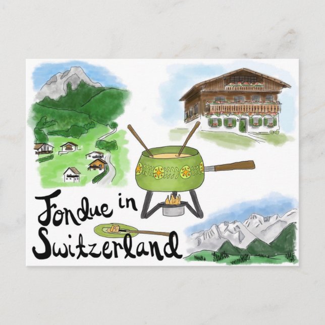 Travel Sketch Postcard: Fondue in Switzerland Postcard (Front)