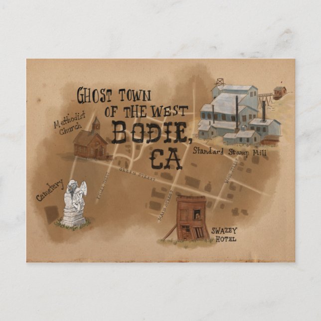 Travel Sketch Postcard: Ghost Town of Bodie CA Postcard (Front)