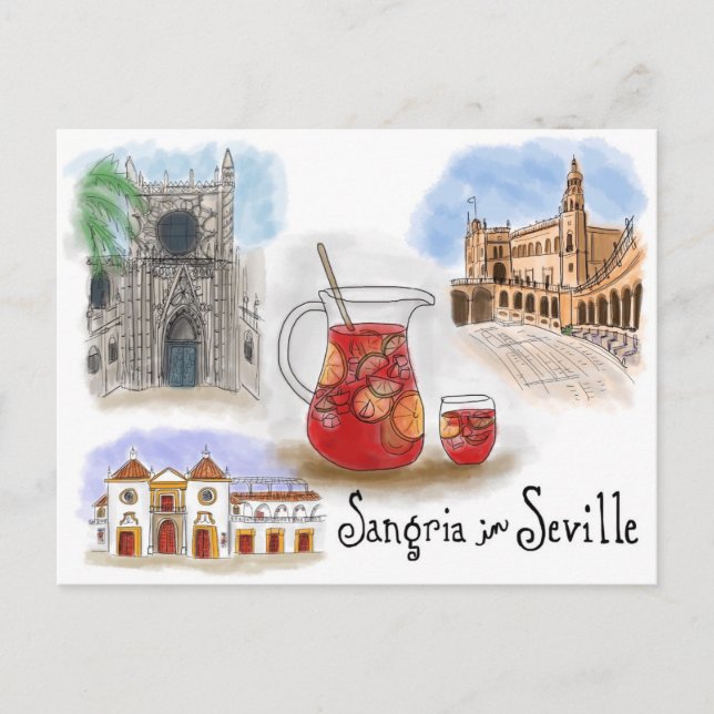 Travel Sketch Postcard: Sangria in Seville Spain Postcard (Front)