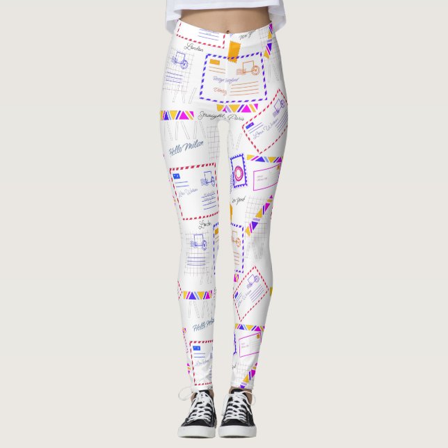 Travel Stamp Cities Colourful Pattern Leggings (Front)