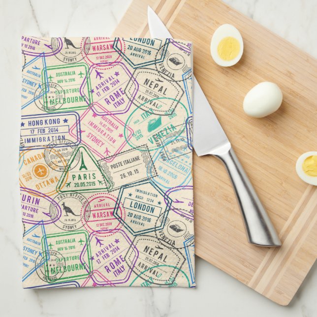 Travel Stamps Birthday Party Tea Towel (Quarter Fold)