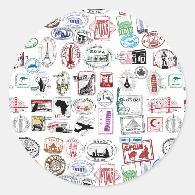 Travel Stamps Pattern Classic Round Sticker (Front)