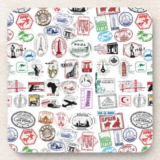 Travel Stamps Pattern Coaster (Front)