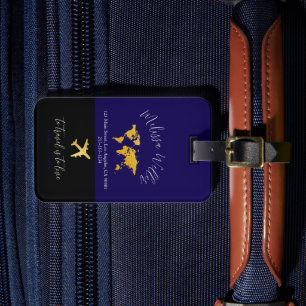Travel Tag with Gold Map and Plane dark-blue