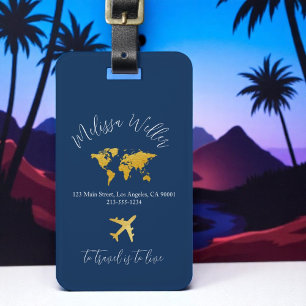 Travel Tag with Gold Map and Plane dark-blue