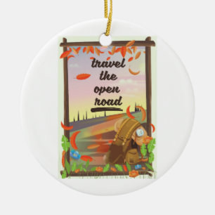 Travel the open road vintage hiking poster ceramic tree decoration