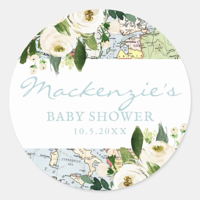 Travel Theme Baby Shower Floral Map Classic Round Sticker (Front)