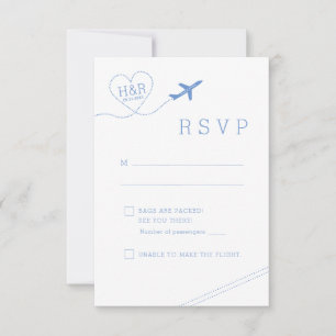 Travel Theme Blue Aeroplane Heart Minimalist RSVP Card