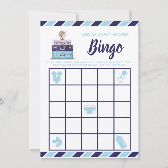 Travel Theme Blue Baby Shower Bingo Game Invitation (Front)