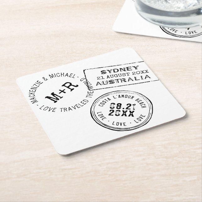 Travel Theme EDITABLE TEXT Passport Stamp Square Paper Coaster (Angled)