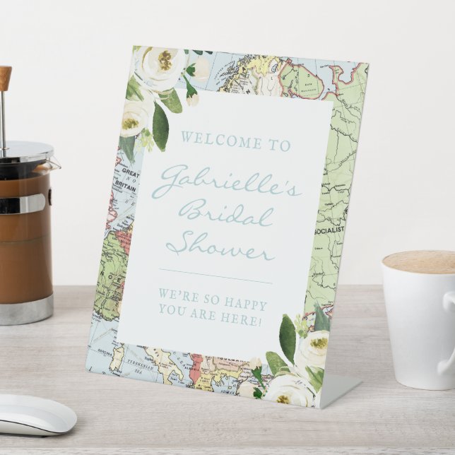 Travel Theme Floral Map Bridal Shower Welcome Pedestal Sign (In SItu)