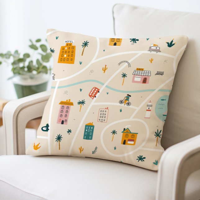 Travel Theme Pillow, City Map Pattern Cushion (Creator Uploaded)