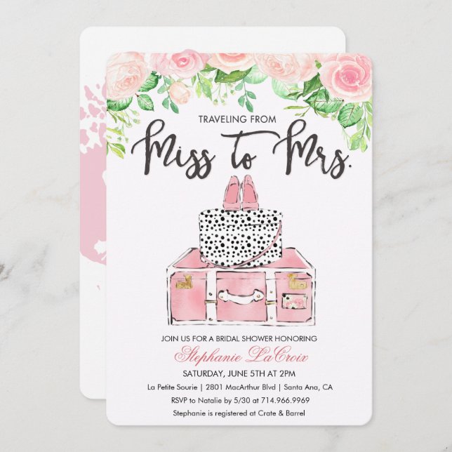 Travel Themed Floral Bridal Shower Invitation (Front/Back)