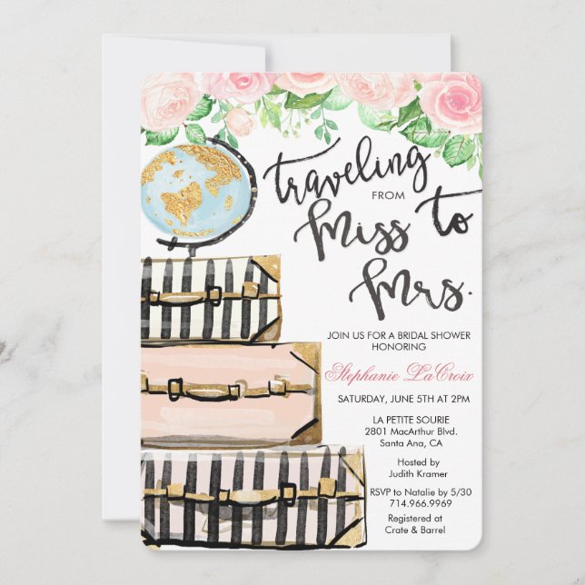 Travel Themed Floral Bridal Shower Invitation (Front)