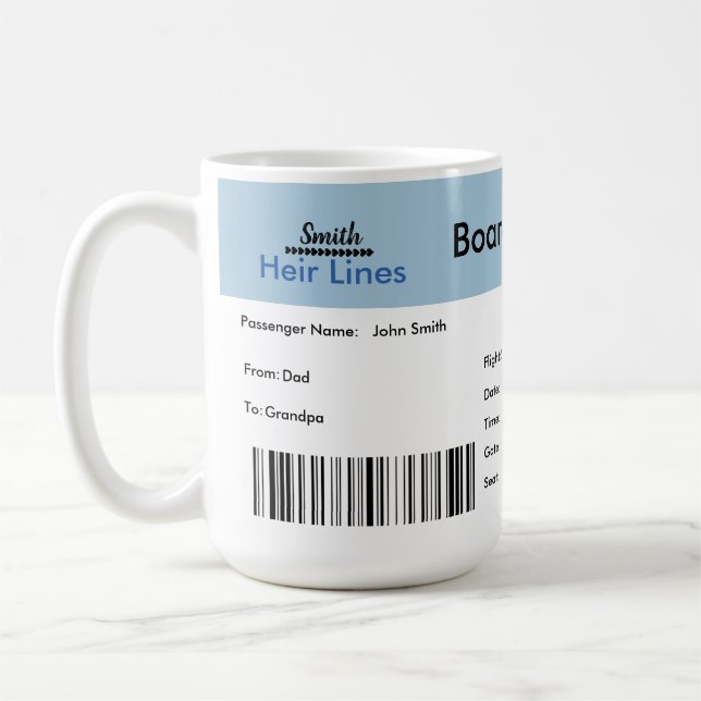 Travel-themed Pregnancy Announcement Plane Ticket Coffee Mug (Left)