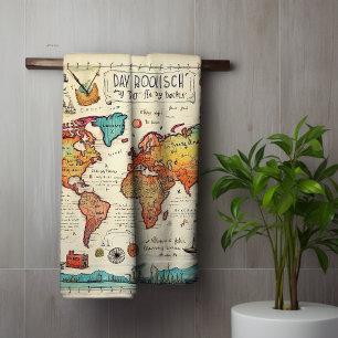 Travel themed vintage map drawing colourful bath towel set