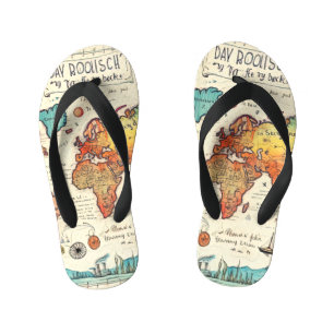 Travel themed vintage map drawing colourful kid's jandals