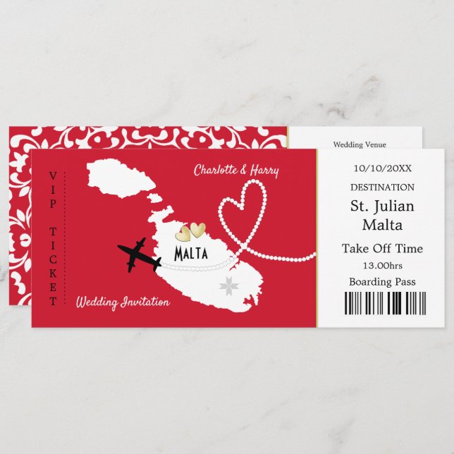 Travel Ticket Boarding Pass Malta Wedding Invite (Front/Back)