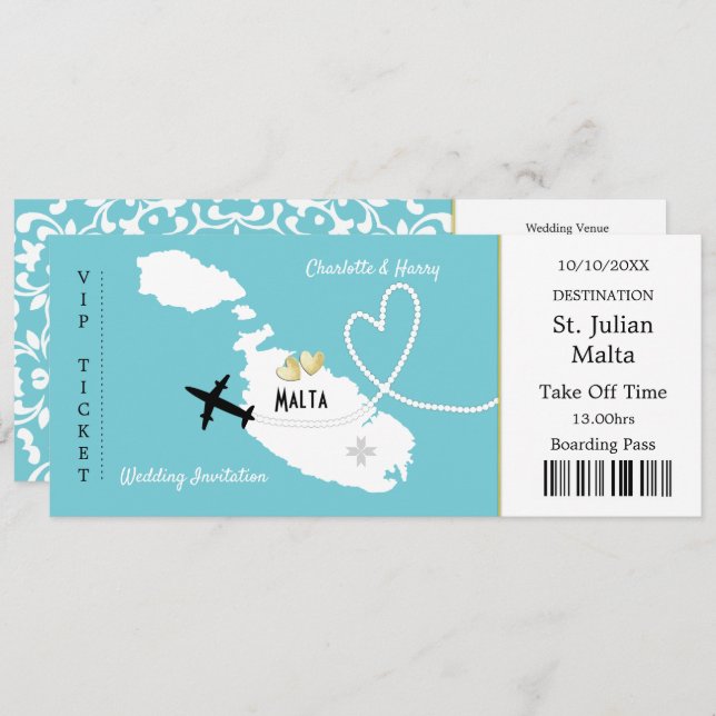 Travel Ticket Boarding Pass Malta Wedding Invite (Front/Back)