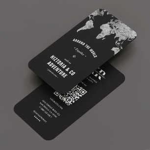 Travel Tour Adventure World Map Silver Black Business Card