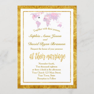 Travel Watercolor World Map Gold Foil Wedding Invitation