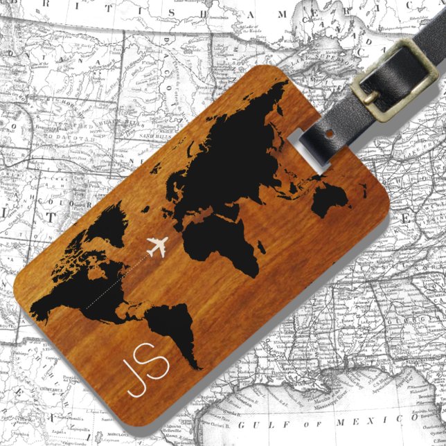 Travel wood world-map custom luggage tag (Creator Uploaded)