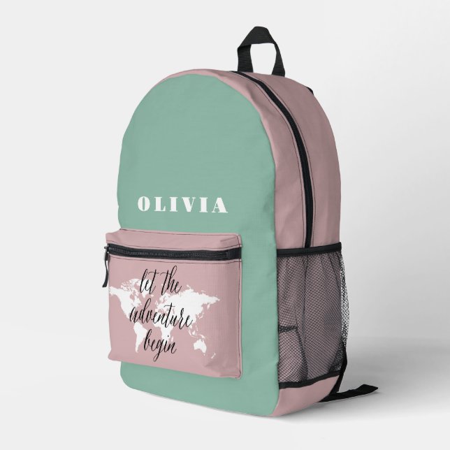 Travel World Map girly Personalised Printed Backpack (Back Corner Right)