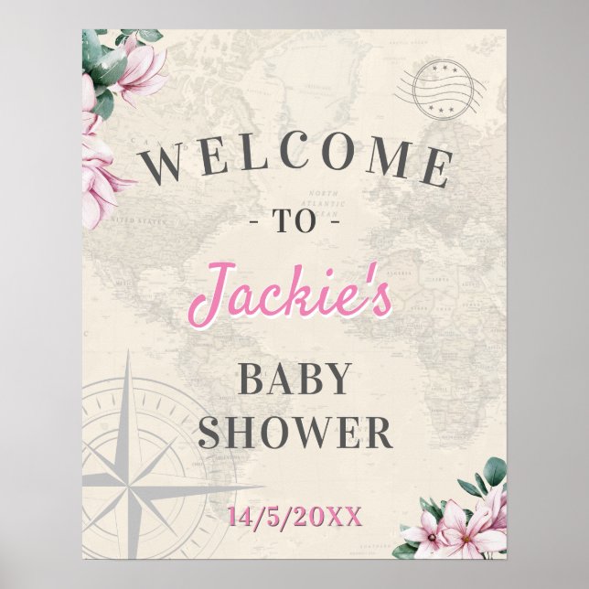 Travel World Map Pink Floral Baby Shower Welcome Poster (Front)