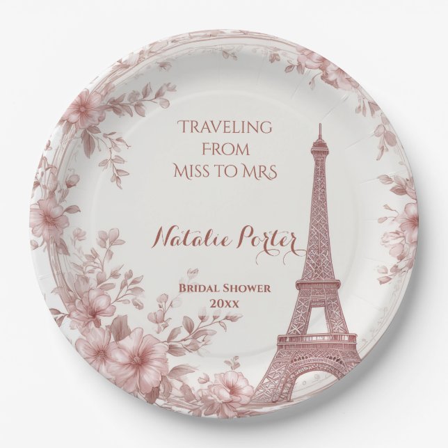 Traveling from Miss to Mrs Bridal Shower Paris Art Paper Plate (Front)