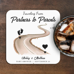 Traveling from Partners to Parents Baby Shower Square Paper Coaster