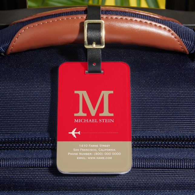 Traveller Name Monogram Elegant Red Luggage Tag (Front Insitu 2)