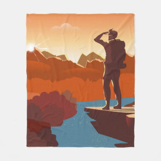 Traveller or explorer with backpack, standing on t fleece blanket