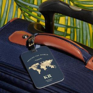 Traveller World Map Tour charcoal Blue Luggage Tag