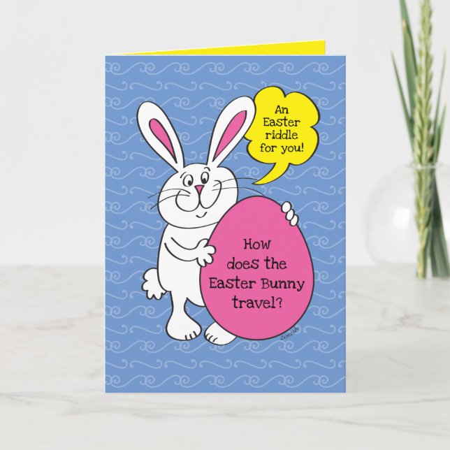 Travelling Easter Bunny Funny Riddle For Kids Card (Front)